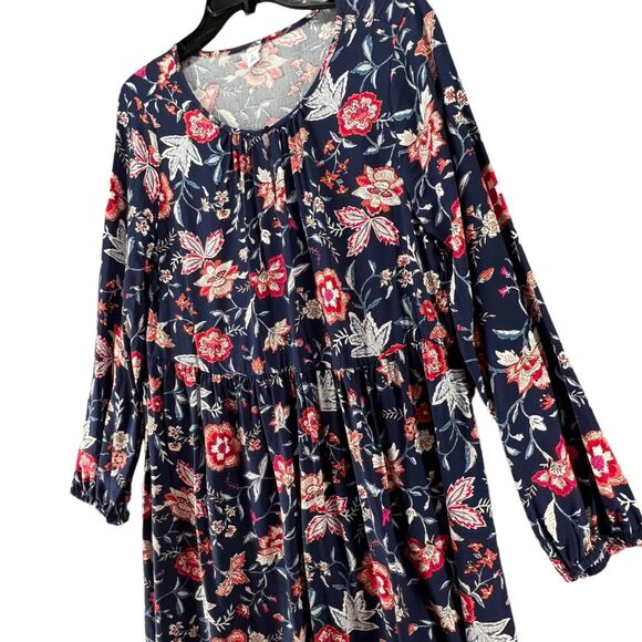 Old Navy Dress Womens Medium Blue Floral Rayon Boho Long Sleeve Mini Keyhole NEW - Picture 3 of 14